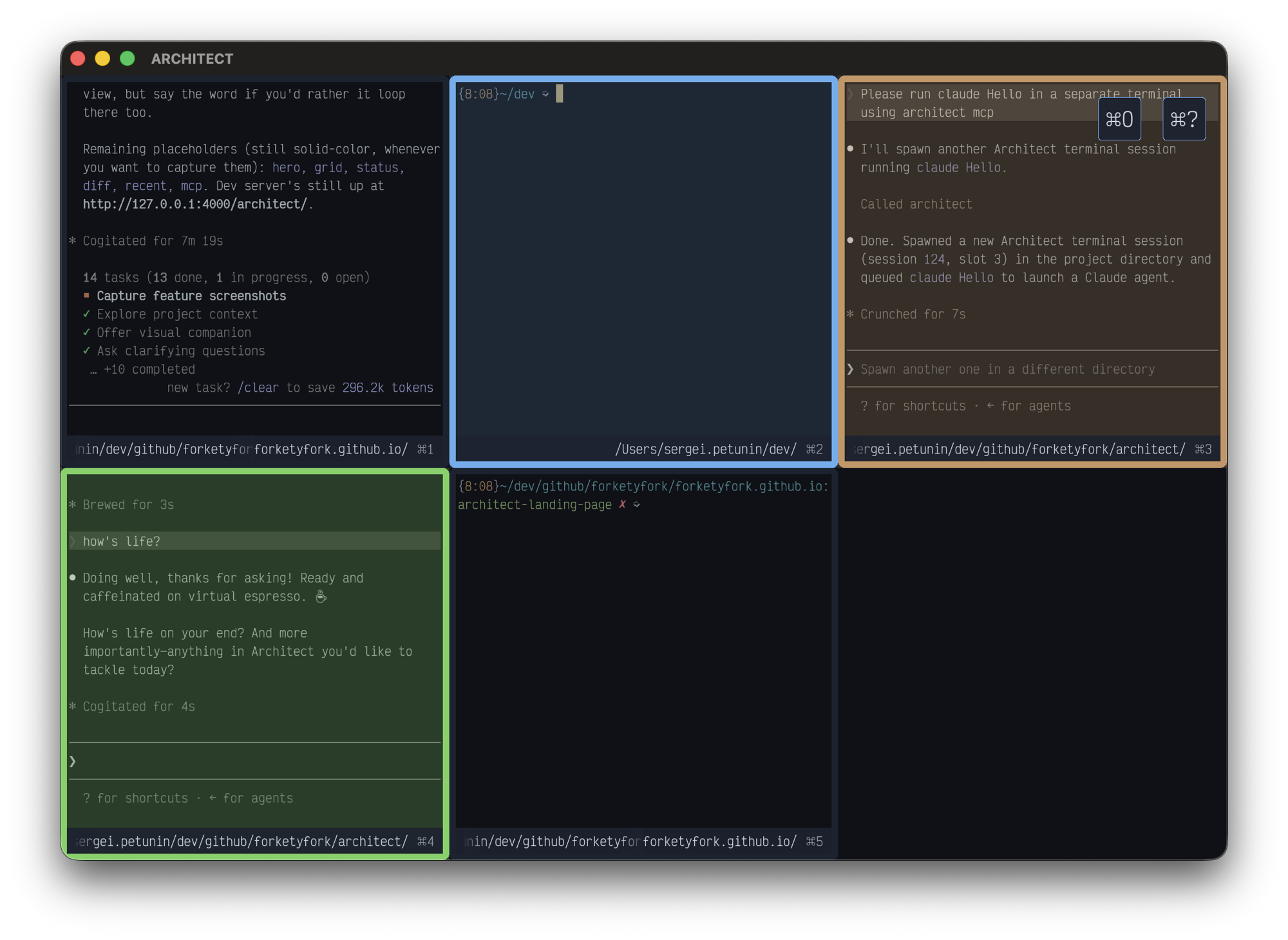 Architect showing AI coding agents running in a grid of terminals